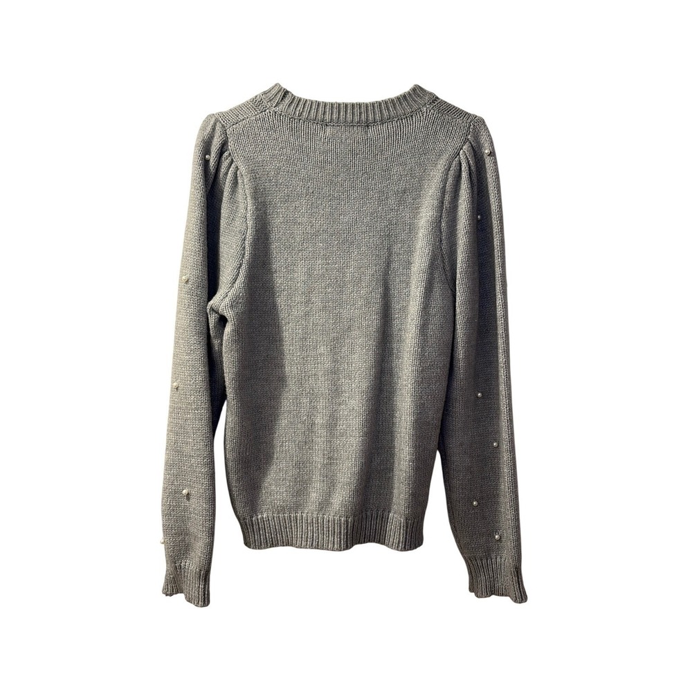 Chunky CableKnit Crewneck Sweater Pearl Puff Sleeve Gray Old Money|Quiet Luxury - Picture 4 of 9
